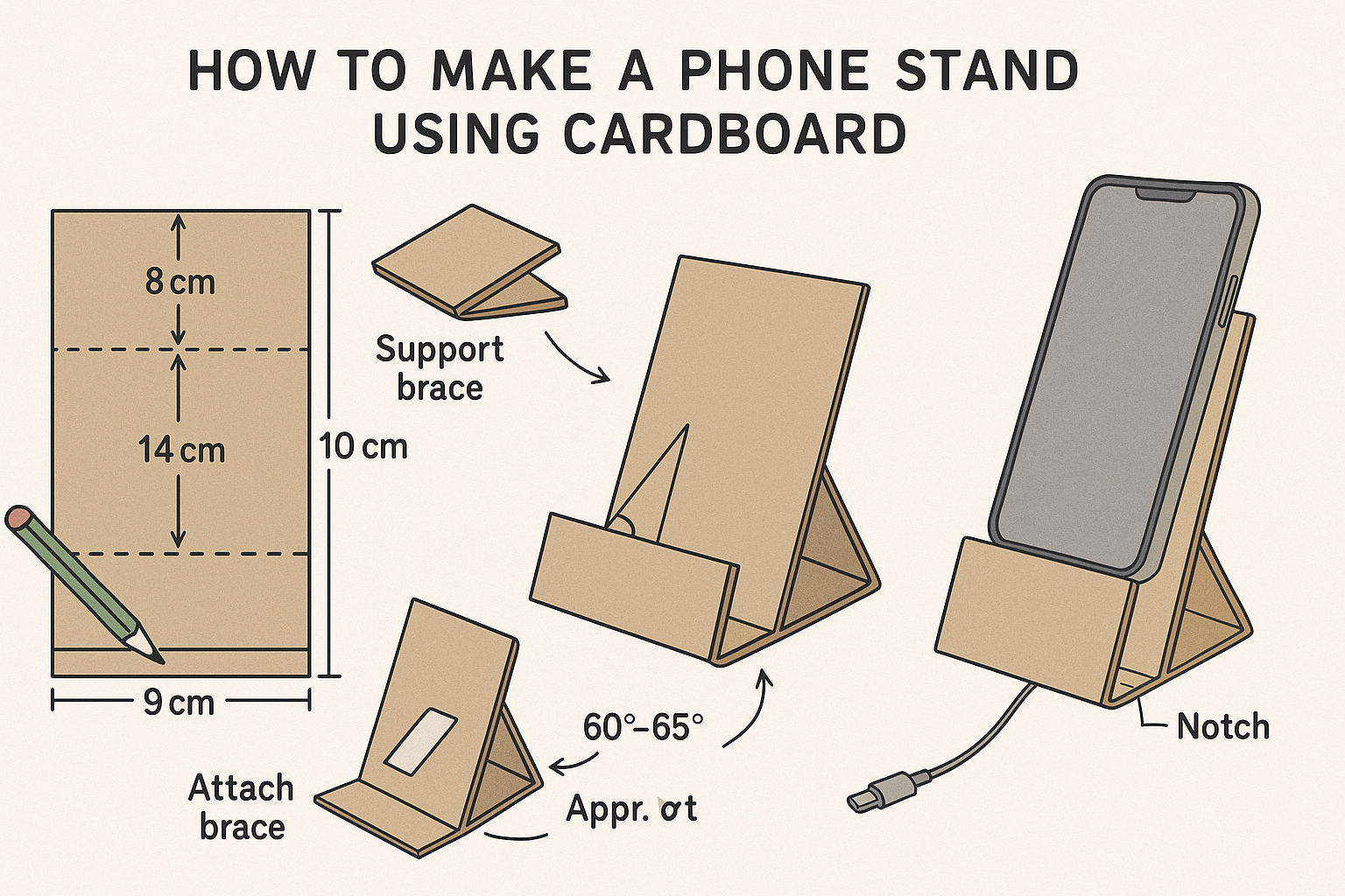 Folding, bracing, and assembly of the cardboard phone stand